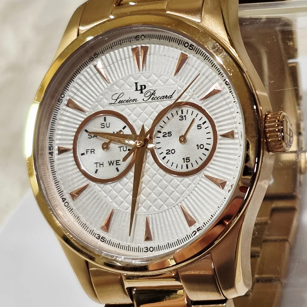 Lucien Piccard STELLAR Men's Wrist Watch Day Date Sub-Dials Rose Gold Pink